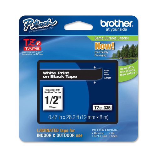 BROTHER TZE-335 NASTRO LAMINATO 12MMx8MT COLORE NERO STAMPA BIANCO